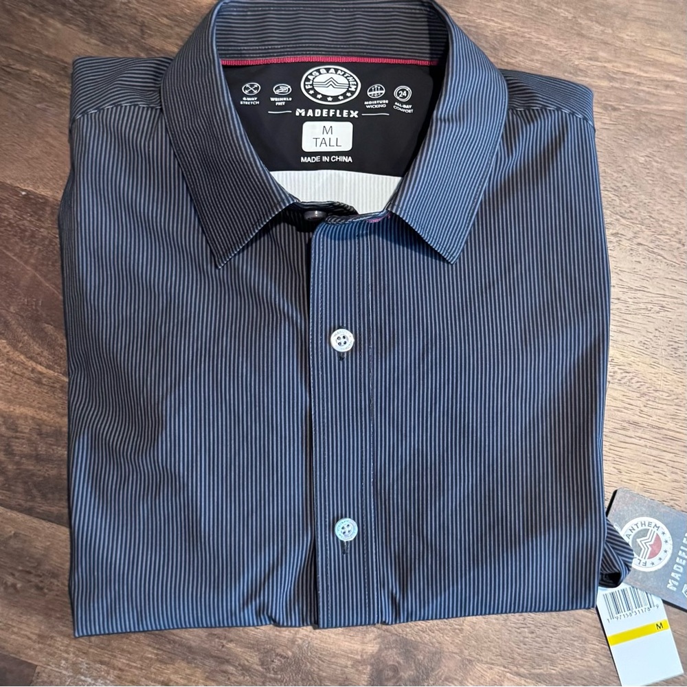 Flag & Anthem MadeFlex Men's Gray Striped Performance Shirt,‎ Med/Tall. NWT
